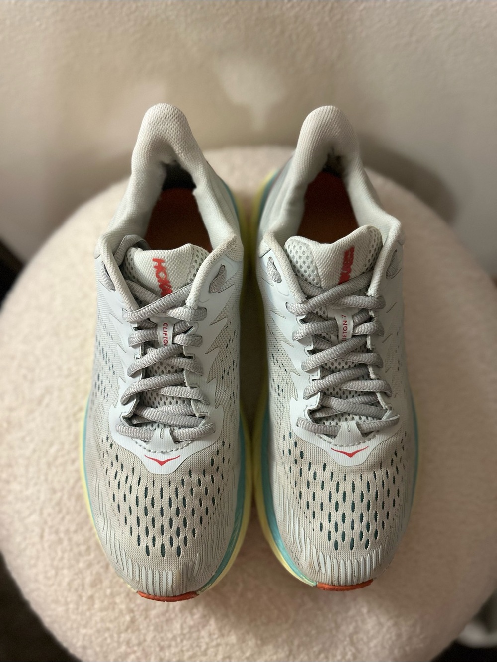 HOKA One Women's Clifton 7 road-running "Morning Mist / Hot Coral" size 7.5 - Picture 6 of 11